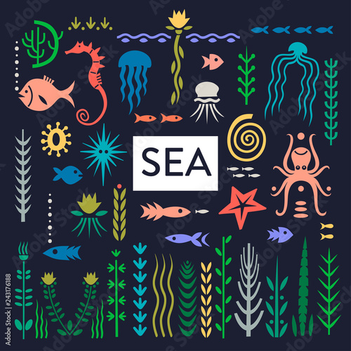 Vector set of flat hand-drawn sea creatures and weeds