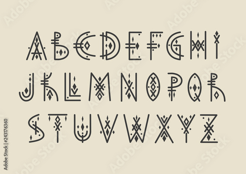 Vector alphabet set. Capital letters in geometric tribal line art style. For hipster theme, trendy posters