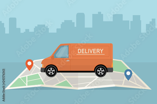 Delivery van and map on city background. Transport services, logistics and freight of goods concept. Flat style, vector illustration. 