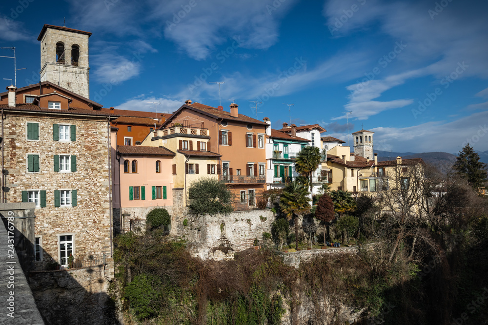 town of cividale del friuli in sunny winter, view from bridge ponte del diavolo, italy