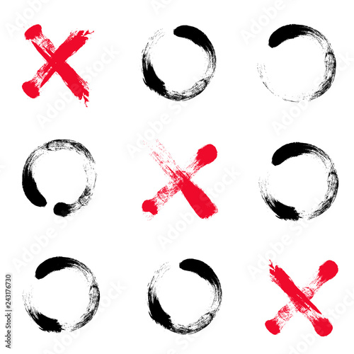 Hand drawn tic tac toe game. Illustration of game. Red crosses, black toe. Hand drawn brush. XOXO