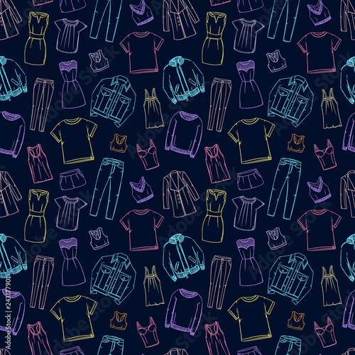 Fashion doodles pattern. Clothes sketch. Apparel. Outfit. Woman fashion background. Fabric design. Casual style. Denim. Jeans wear. Dress. Coat. Jacket. Leggins. Sweater. T-shirt.