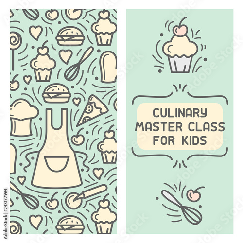 Brochure concept of culinary master class for kids with doodle style elements. Suitable for advertising or invitation