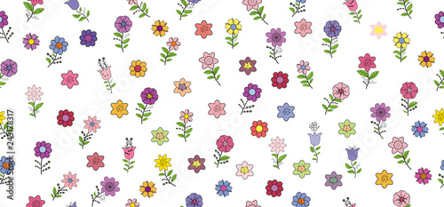 Seamless pattern with different spring flowers. Isolated elements on a white background.