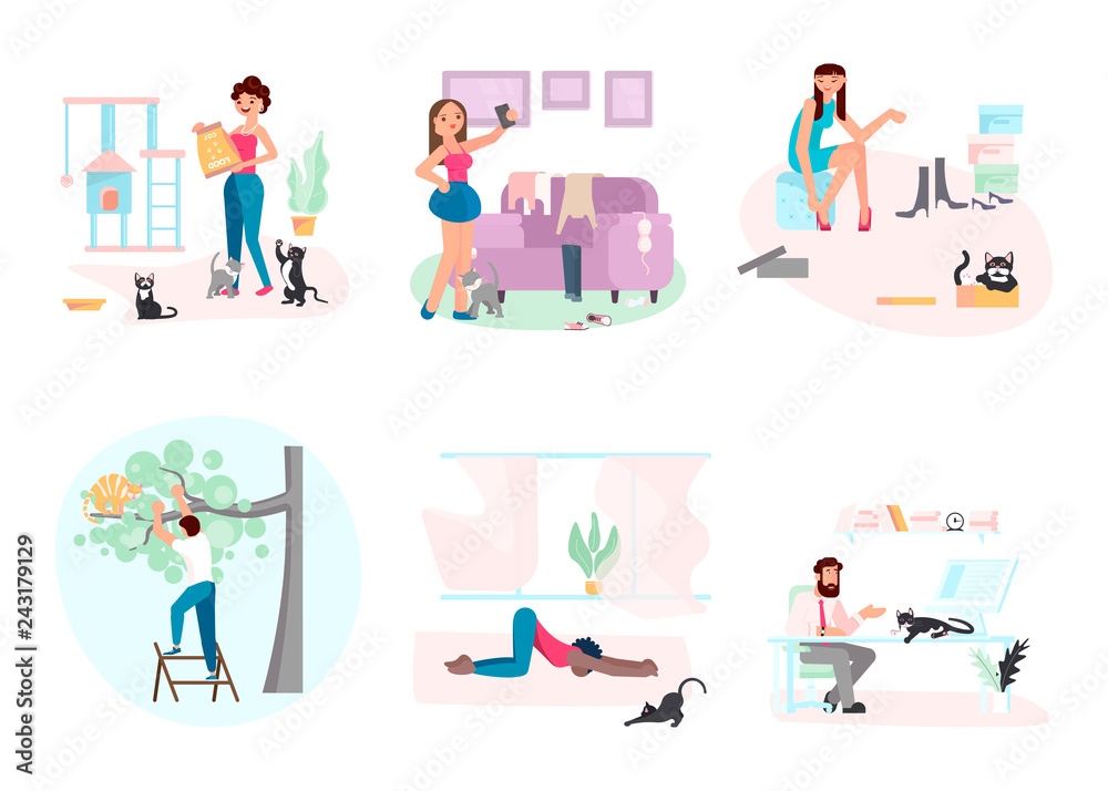 Set Of Cat Owners Characters And Cute Domestic Animals Set Of Cat Owners Characters And Cute Domestic Animals