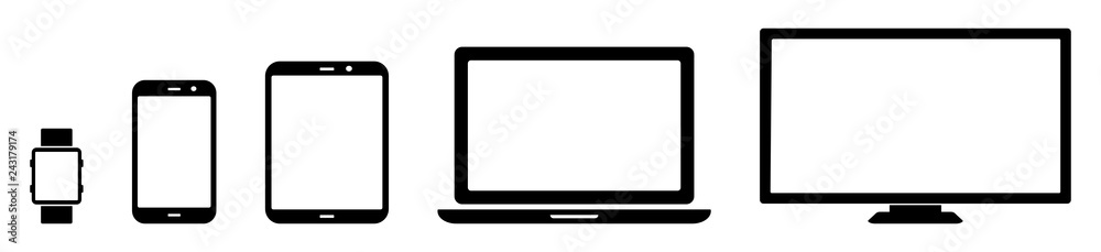 Electronic device isolated on white background. Vector illustration of smartwatch, smartphone, tablet, laptop and television screen in EPS10 Electronic device isolated on white background. Vector illustration of smartwatch, smartphone, tablet, laptop and television screen in EPS10