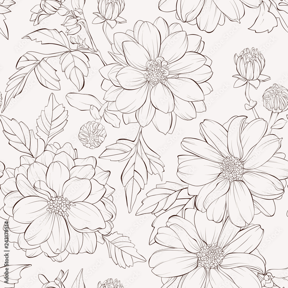 Seamless pattern with dahlia flowers. Hand-drawn contour lines and strokes. Seamless pattern with dahlia flowers. Hand-drawn contour lines and strokes.