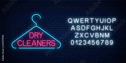 Neon dry cleaners glowing sign with hanger with alphabet. Cleaning service signboard design.