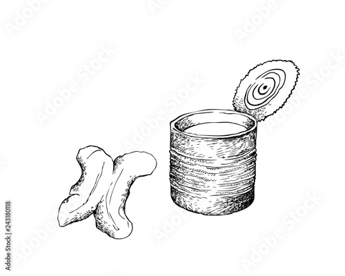 Snack and Dessert, Illustration Hand Drawn Sketch of Chinese Traditional Snacks Deep Fried Doughstick with Sweetened Condensed Milk.