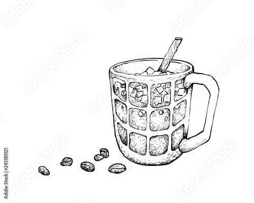 Drink and Beverage, Illustration Hand Drawn Sketch of Iced Coffee and Iced TeaIsolated on A White Background.