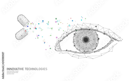 Dietary supplement vitamin vision capsule. Eye clear health care drug medicine science chemistry innovation technology polygonal 3D render. Woman eye isolated banner template vector illustration