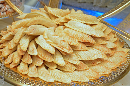 Moroccan biscuits are served with tea. Moroccan biscuits are offered at the wedding and Eid al-Fitr. photo