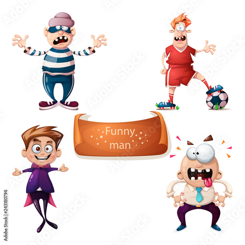 Cartoon set characters thief, football, soccer, boy and office man