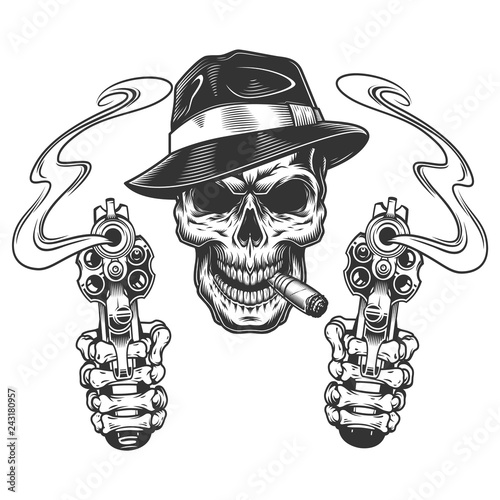 Vintage monochrome gangster skull smoking cigar