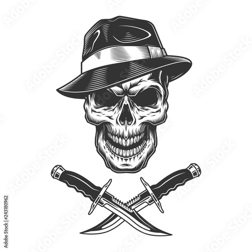 Gangster skull wearing fedora hat