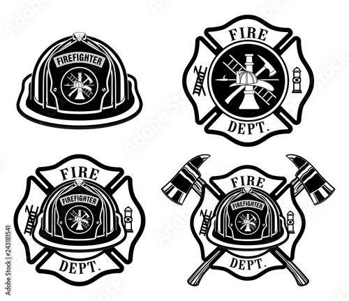Valokuva Fire Department Cross and Helmet Designs  is an illustration of four fireman or firefighter Maltese cross design which includes fireman's helmet with badges and firefighter's crossed axes