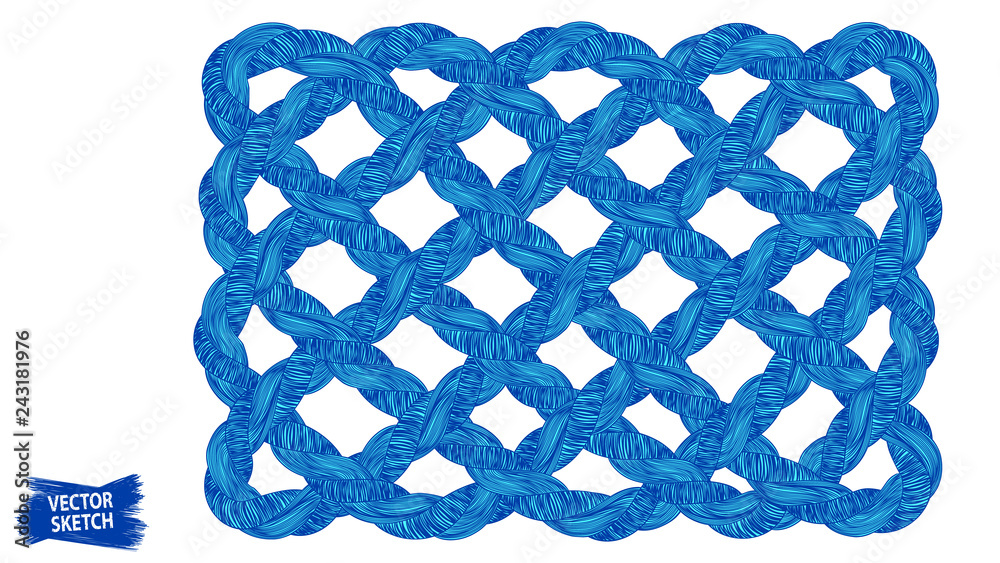 Nautical rope rug sketch. Knotted mat. Braid. Rope knots. Crochet. Marine. Sailor. Home interior