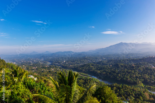 Foggy aerial panorama of Kandy  Sri Lanka at the sunrise  view from the mountain