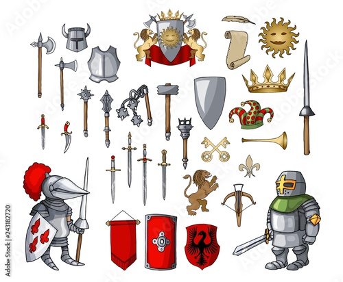 Knight cartoon character with different game medieval weapons elements set