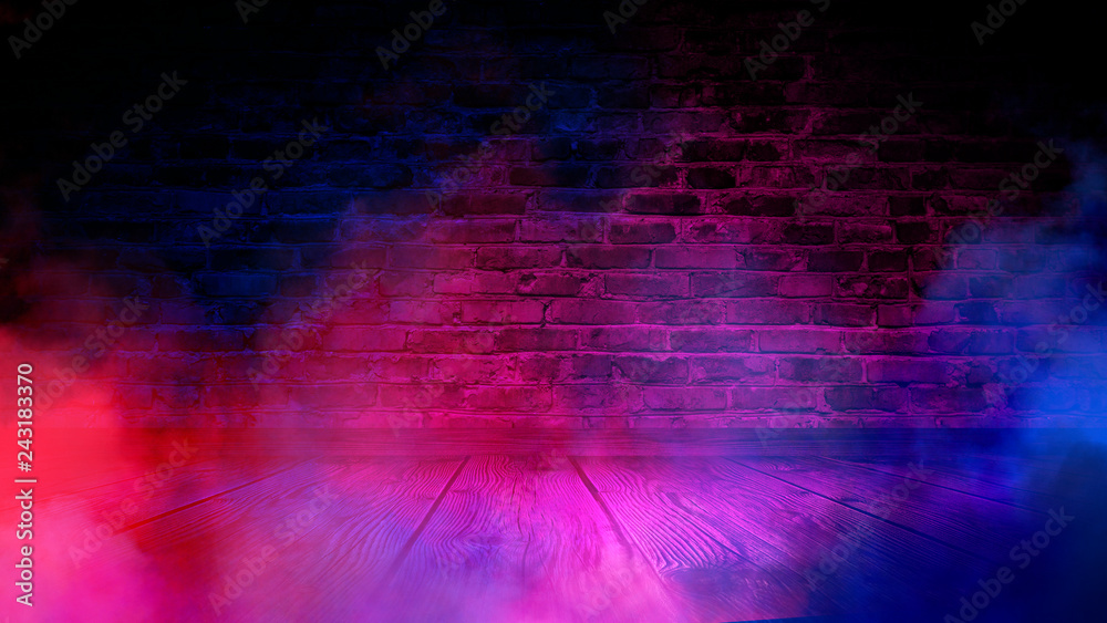 Fototapeta Brick wall, neon light, smoke. Empty dark background with smoke, multicolored smoke.