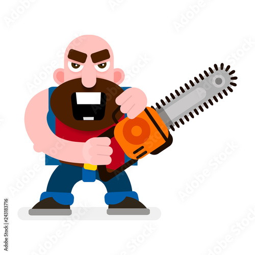 Vector Woodcutter With Chainsaw. Cartoon Illustration Isolated