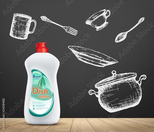 Dishwashing liquid product. Utensils and detergent soap bottle.