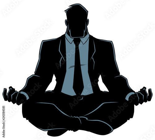 Silhouette front view of a business man meditating in lotus position for calmness and stress relief against white background for copy space.