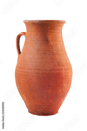 Single antique clay brown weathered and scratched vase with handle isolated on white background. Clipping path - image