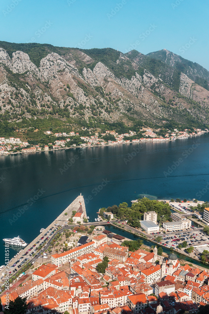 View from above on the old town of Kotor and Kotor Bay, Monteneg