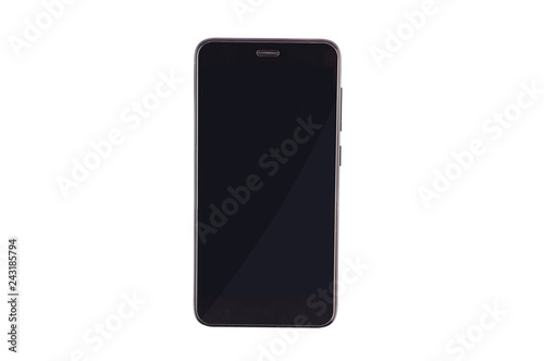 Single black slim smartphone isolated on white background. Clipping path - image. Top view