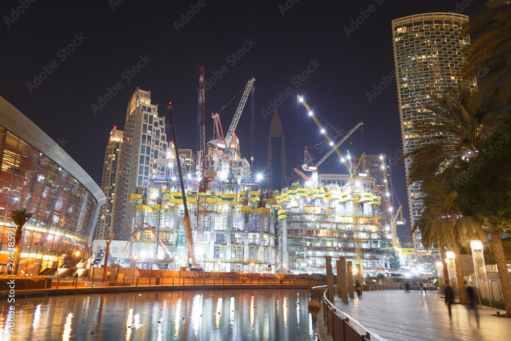 Construction at night with lights