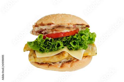 Tasty burger with fish isolated on white background