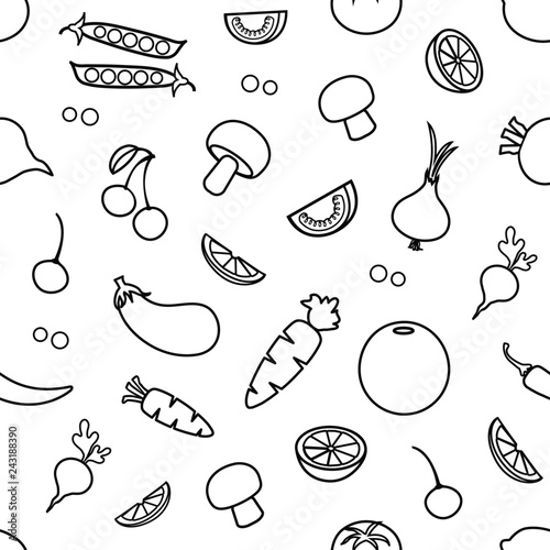 Seamless pattern with vegetables and fruits isolated on white background, outline design. Vector illustration