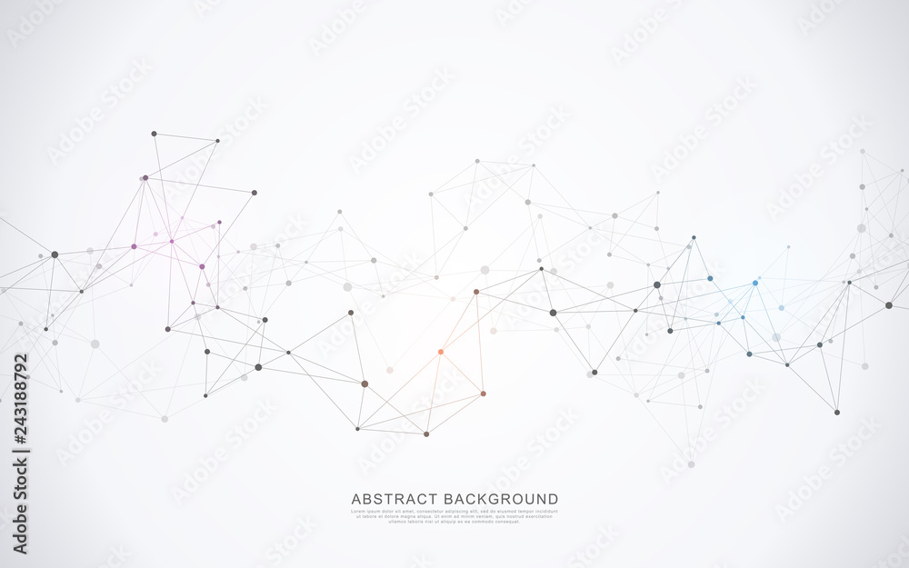 Geometric abstract background with connected dots and lines. Molecular structure and communication concept. Digital technology background and network connection.