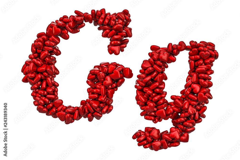 Cursive letter G from red hearts, capital and small letters. 3D rendering Cursive letter G from red hearts, capital and small letters. 3D rendering