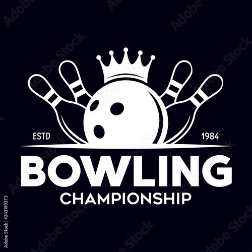 Vector vintage monochrome style bowling logo, icon, symbol. Bowling ball and bowling pins illustration. Trendy design elements.