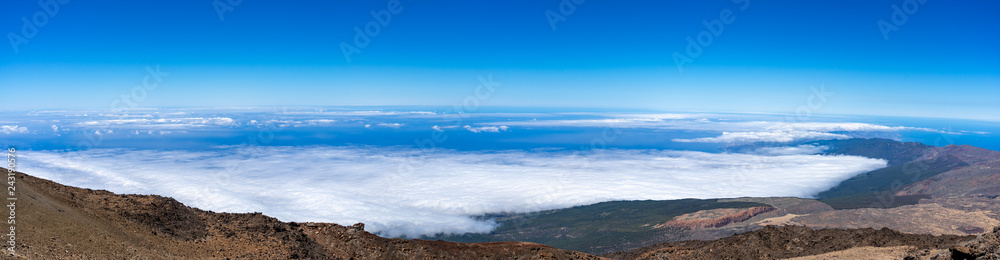 Panoramic view of the northern slope and lava deposits at the top and the valley of the Teide volcano. Tenerife. Canary Islands. Spain.