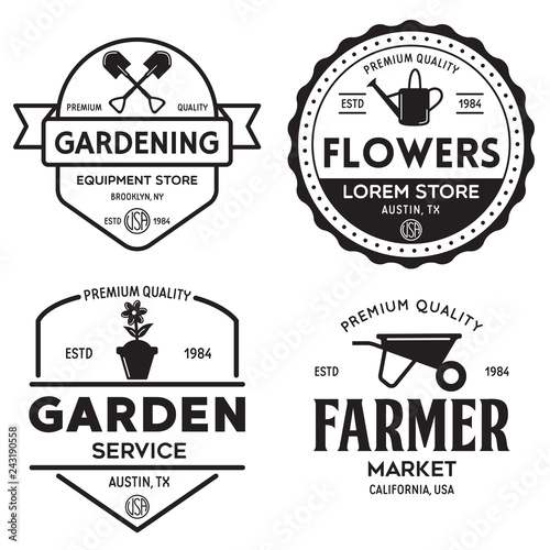 Set of vintage monochrome retro logo, badges, labels, emblems and design elements. Garden shop, service, center, flowers.