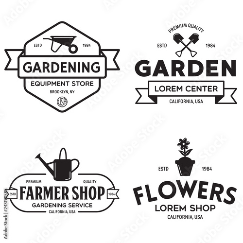 Set of vintage monochrome retro logo, badges, labels, emblems and design elements. Garden shop, service, center, flowers.
