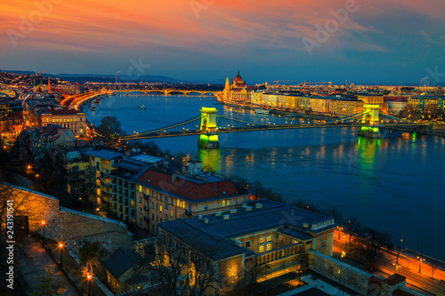 Beautiful Chain bridge and Parliament building at sunset, Budapest, Hungary © janoka82