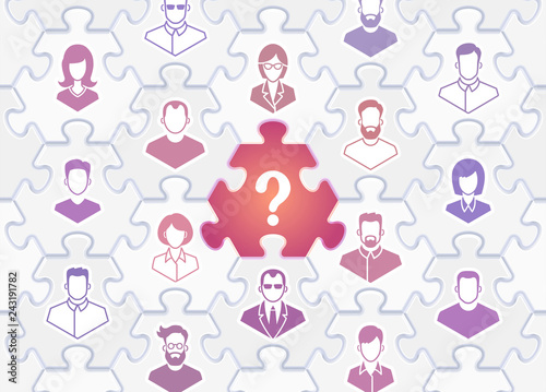 Hot Vacancy. Pictograms of people joined together by pieces of hexagonal jigsaw puzzle and one of them is missing and replaced for a question mark. Illustration on the subject of ' Job Search'.
