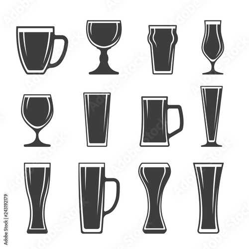 Monochrome vector illustration set of glasses of beer icons isolated on white background.