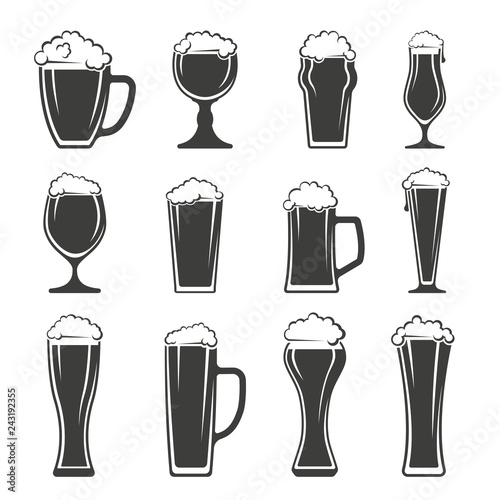 Monochrome vector illustration set of glasses of beer with foam icons isolated on white background.