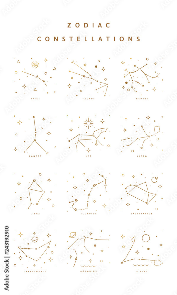Zodiac Constellations Collection with all twelve elements. Zodiac Constellations Collection with all twelve elements.