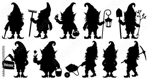 Silhouette fantastic gnome in the garden and in search of treasure. Laser cutting poses fairytale dwarf elf. Isolated vector illustration on white background. photo