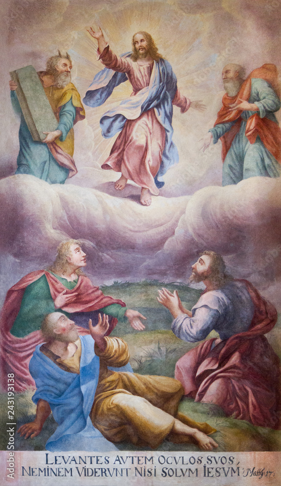 Trnava, Slovakia. 2018/4/12. The painting of the Transfiguration of Jesus. Moses and Elijah appear next to him in front of Peter, James, John the desciples. The Saint John the Baptist  cathedral.
