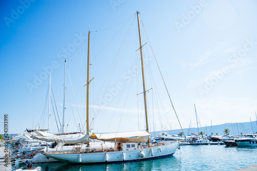 yachts in montenegro bay. mountains on background
