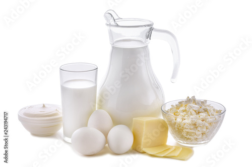 Dairy products on white background. Milk, cottage cheese, sour cream, cheese, butter, eggs, still life from healthy dairy products. Dairy nutrition is good for children's health.
