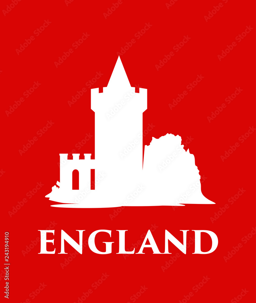 England castle silhouette isolated on traditional red color - Vector illustration of Medieval fortress with caption. England castle silhouette isolated on traditional red color - Vector illustration of Medieval fortress with caption.