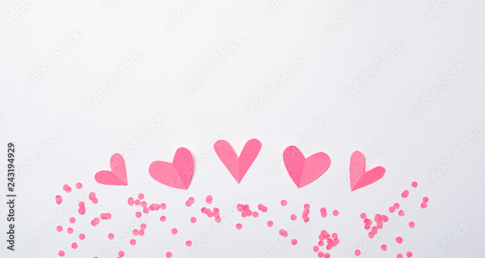 Pink Hearts on White Background, Top View